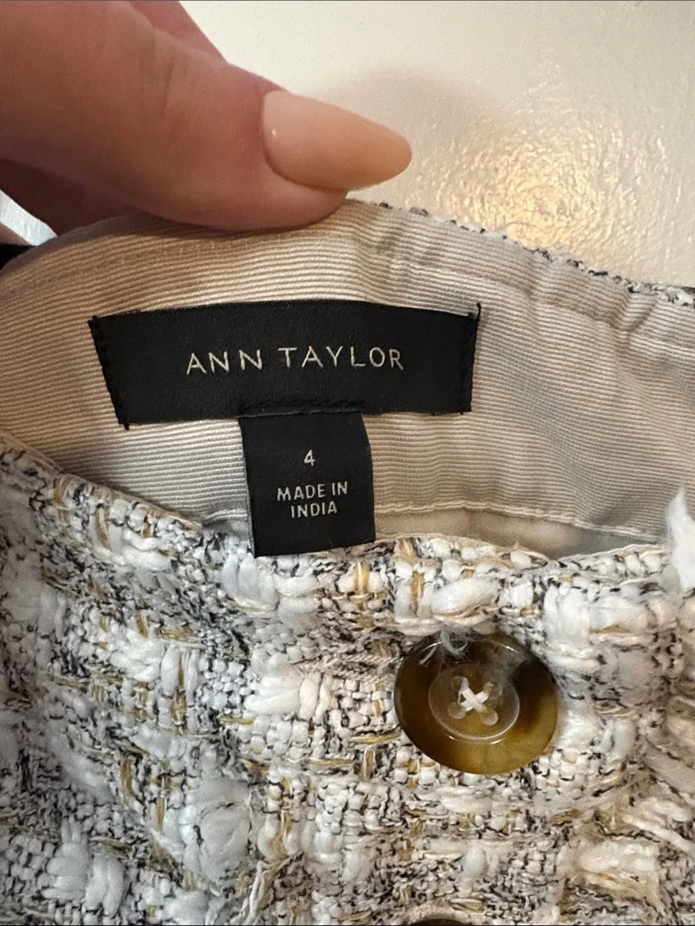 Ann Taylor Button-Front Tweed Mini Skirt in Ivory and Taupe